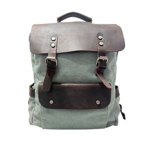 Unbranded Canvas Leather Backpack Unisex Large Sage Green Excellent Rucksack